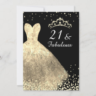 Gold Dress Black Womans Girls 21st Birthday Party Invitation