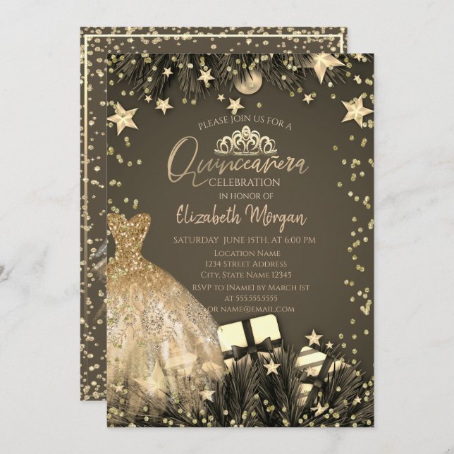 Gold Dress,Branches,Diamonds Stars Quinceañera Invitation (Front/Back)