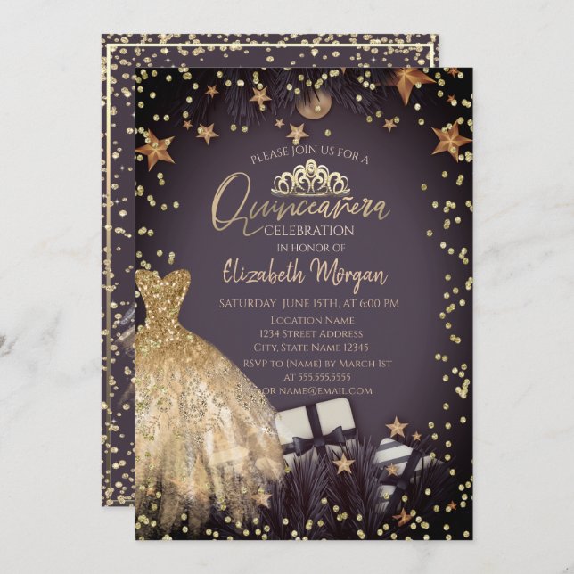 Gold Dress,Branches,Diamonds Stars Quinceañera Invitation (Front/Back)