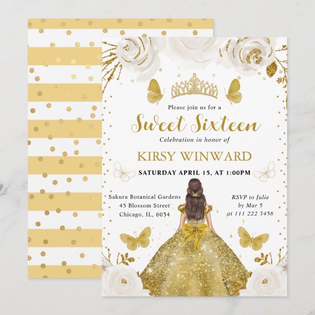 Gold Dress Brunette Princess Sweet 16 Invitation (Front/Back)