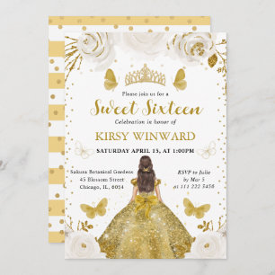 Gold Dress Brunette Princess Sweet 16 Invitation