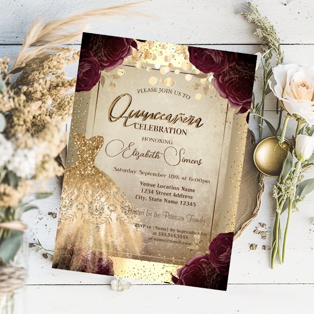 Gold Dress Burgundy Roses Confetti Quinceañera  Invitation (Creator Uploaded)