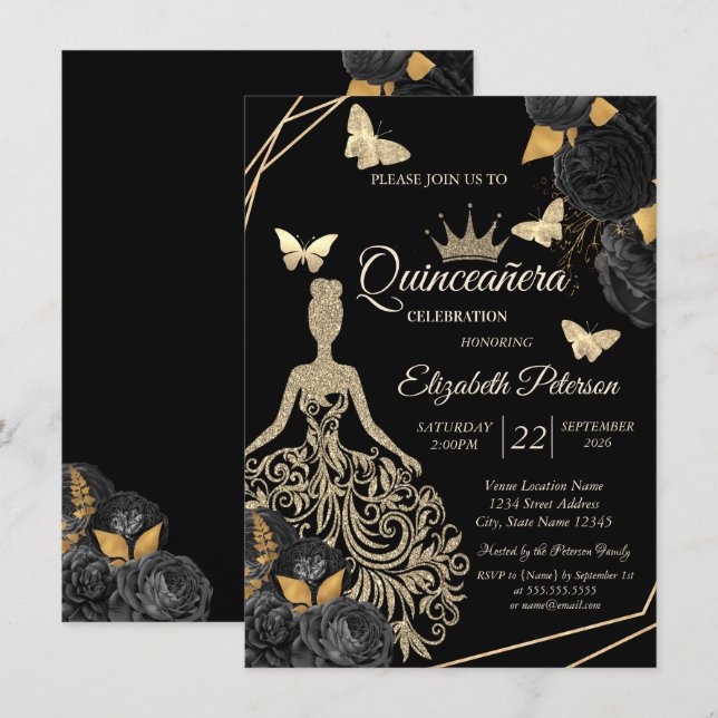 Gold Dress,Butterfly Black Roses Quinceañera Invitation (Front/Back)
