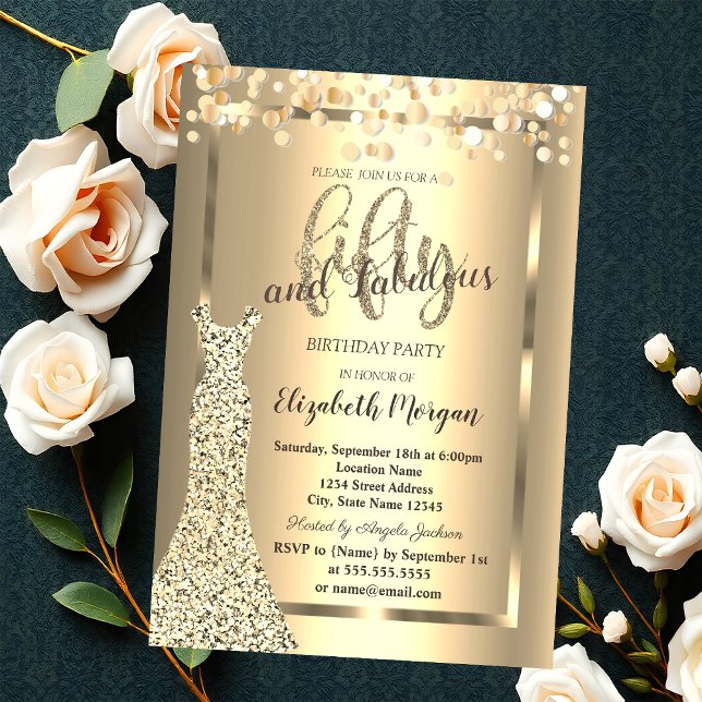Gold Dress,Confetti Balloons 50th Birthday Party Invitation (Creator Uploaded)