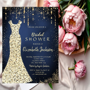 Gold Dress,Confetti Dark Blue Bridal Shower Invitation
