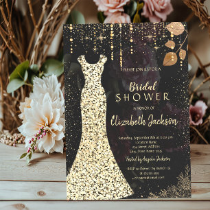 Gold Dress,Confetti Dark Roses Bridal Shower Invitation