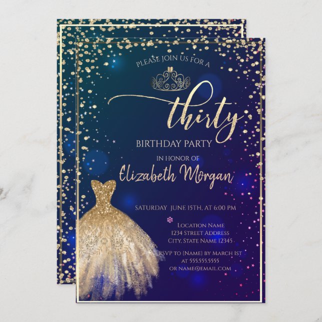Gold Dress,Diamonds Blue 30th Birthday Party  Invitation (Front/Back)
