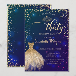 Gold Dress,Diamonds Blue 30th Birthday Party  Invitation