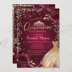 Gold Dress,Diamonds Burgundy Roses Quinceañera  Invitation
