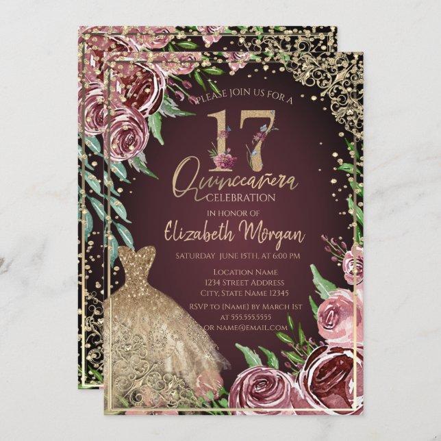  Gold Dress Diamonds Burgundy Roses Quinceañera   Invitation (Front/Back)