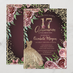  Gold Dress Diamonds Burgundy Roses Quinceañera   Invitation