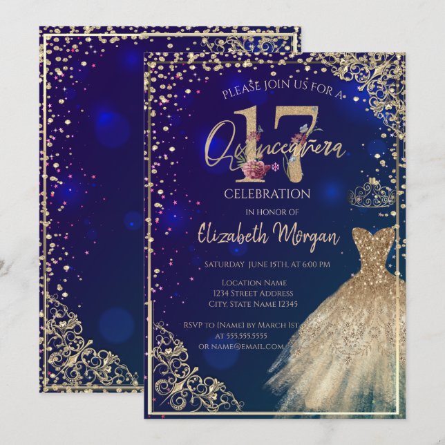  Gold Dress Diamonds  Floral Blue Quinceañera  Invitation (Front/Back)