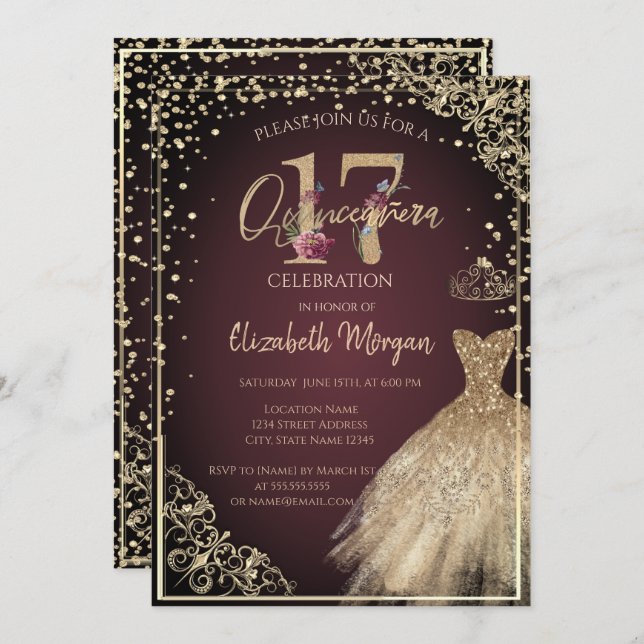  Gold Dress Diamonds Floral Burgundy Quinceañera  Invitation (Front/Back)