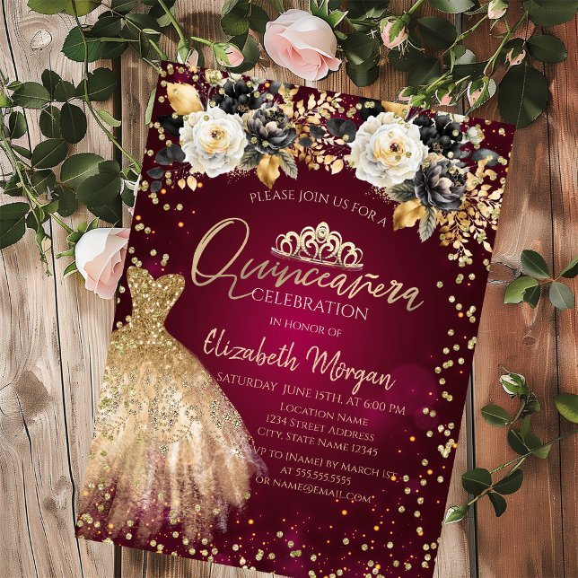 Gold Dress Diamonds Flowers Burgundy Quinceañera Invitation (Creator Uploaded)