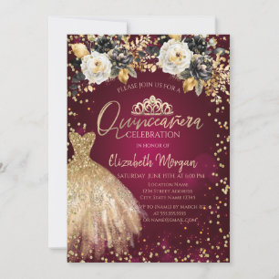 Gold Dress Diamonds Flowers Burgundy Quinceañera Invitation