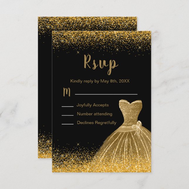 Gold Dress Faux Glitter Quinceanera RSVP Card (Front/Back)