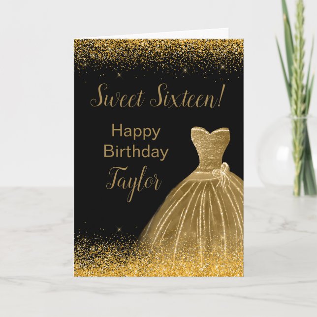 Gold Dress Faux Glitter Sweet 16 Birthday Card (Front)
