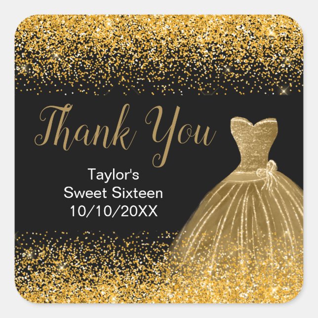 Gold Dress Faux Glitter Sweet 16 Birthday Square Sticker (Front)