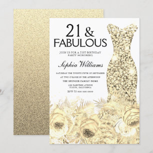 Gold Dress Floral 21 & Fabulous 21st Birthday Invitation