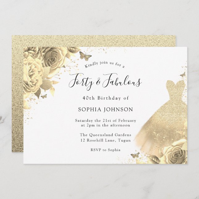 Gold Dress Floral 40th Birthday Forty & Fabulous Invitation (Front/Back)