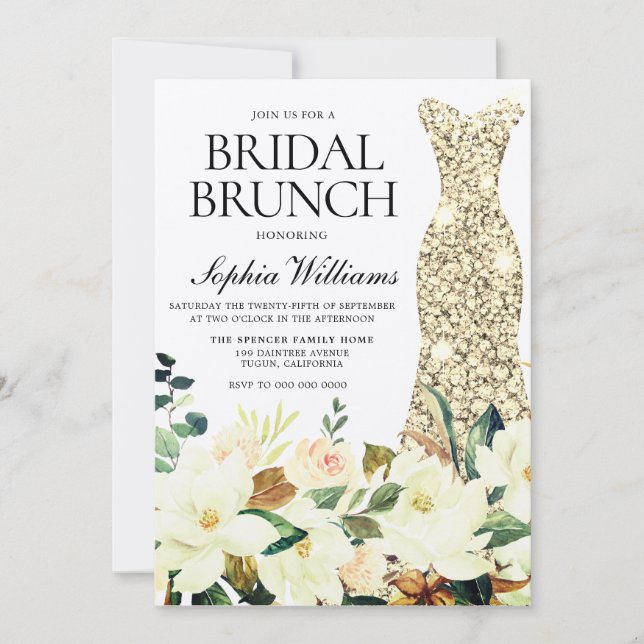 Gold Dress Floral Bridal Shower Brunch Invitation (Front)