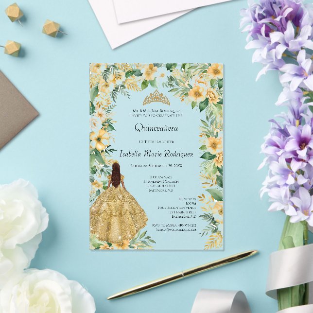 Gold Dress Floral Elegant Formal Quinceanera Acrylic Invitations (Insitu (Wedding))
