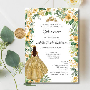 Gold Dress Floral Elegant Formal Quinceanera Invitation