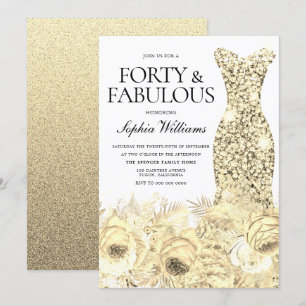 Gold Dress Floral Forty & Fabulous 40th Birthday Invitation