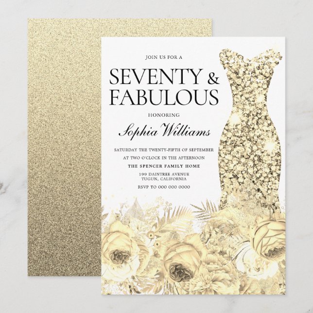 Gold Dress Floral Seventy & Fabulous 70th Birthday Invitation (Front/Back)
