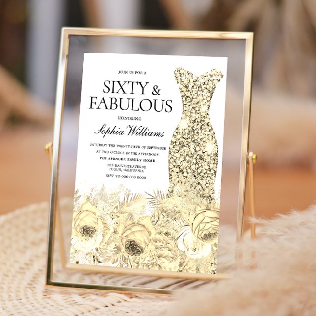 Gold Dress Floral Sixty & Fabulous 60th Birthday Invitation (Creator Uploaded)