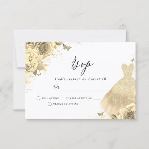 Gold Dress & Flowers Birthday Bridal Shower RSVP Card