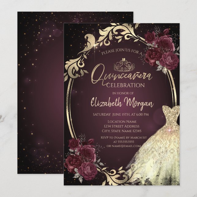 Gold Dress Frame Burgundy Roses  Quinceañera  Invitation (Front/Back)