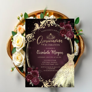 Gold Dress Frame Burgundy Roses Quinceañera Invitation