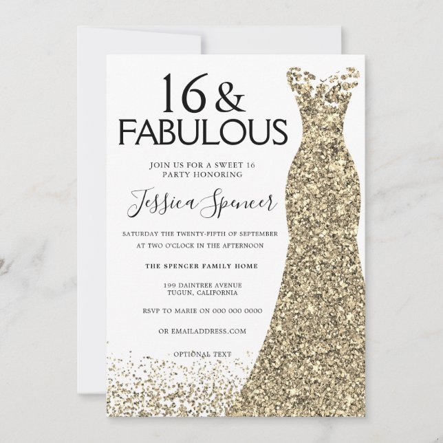 Gold Dress Glitter Sweet 16 Party 16th Birthday Invitation (Front)