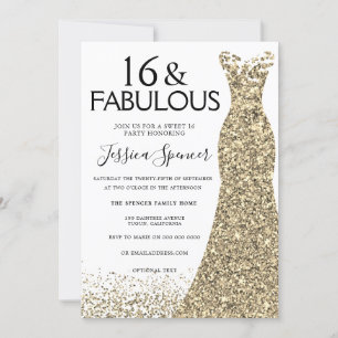 Gold Dress Glitter Sweet 16 Party 16th Birthday Invitation