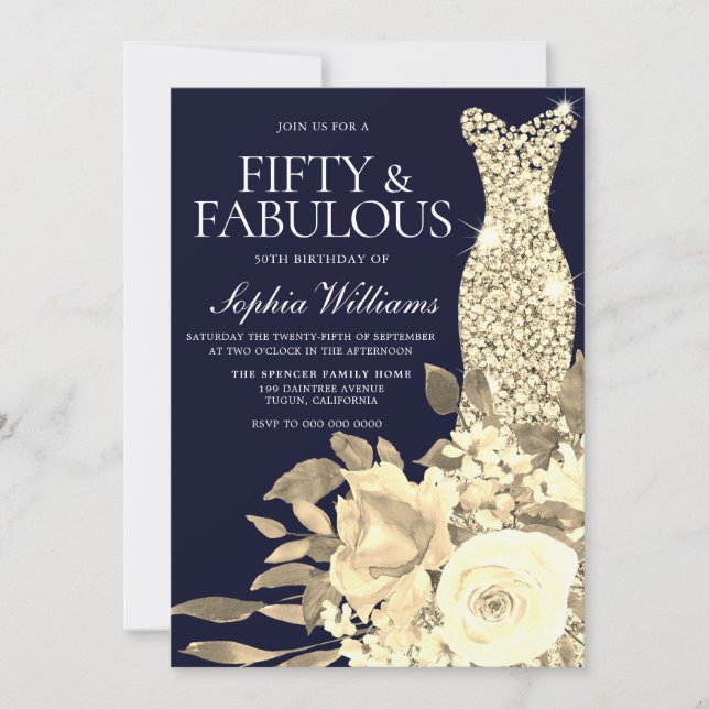 Gold Dress Golden Flowers Navy 50th Birthday Party Invitation (Front)