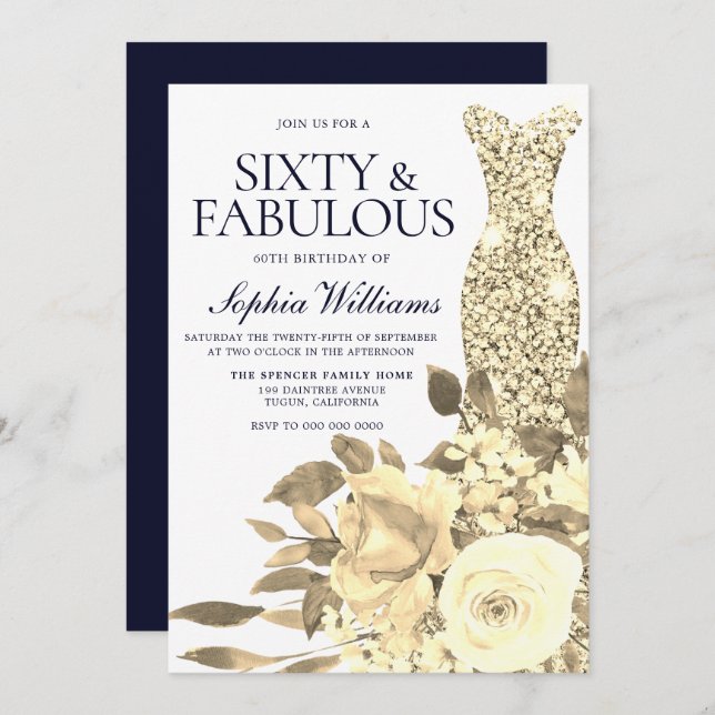 Gold Dress Golden Flowers Navy 60th Birthday Party Invitation (Front/Back)