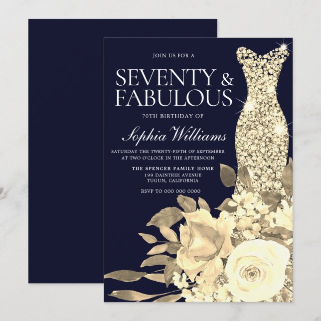 Gold Dress Golden Flowers Navy 70th Birthday Party Invitation (Front/Back)