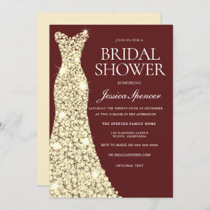 Gold Dress Golden Gown Bridal Shower Burgundy Invitation