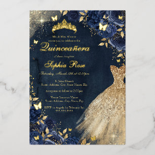 Gold Dress Navy Floral Butterfly Quinceanera