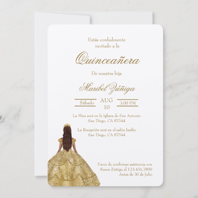 Gold dress Quinceanera invitation (Front)