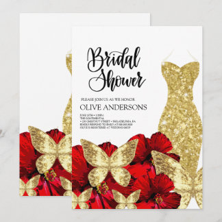 Gold Dress Red Rose Floral Bridal Shower Invitation