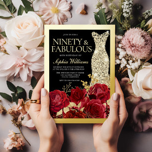 Gold Dress, Red Roses Ninety 90th Birthday Gold