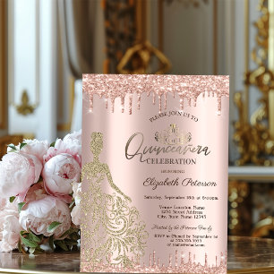 Gold Dress Rose Gold Glitter Drops Quinceañera Invitation