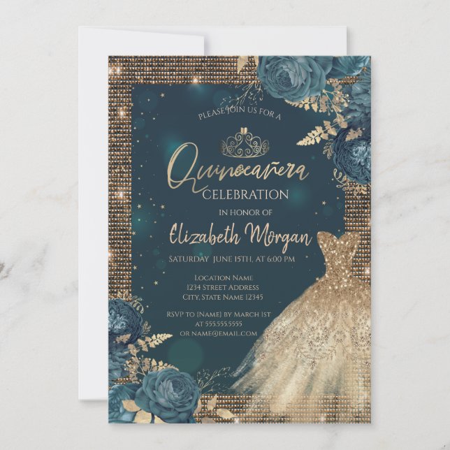 Gold Dress, Roses,Tiara,Diamonds Green Quinceañera Invitation (Front)