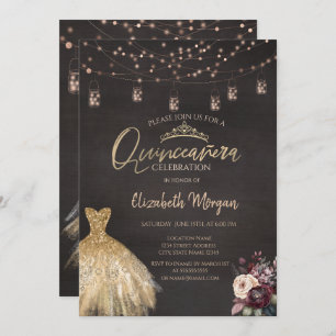 Gold Dress Rustic String Lights Roses Quinceañera Invitation