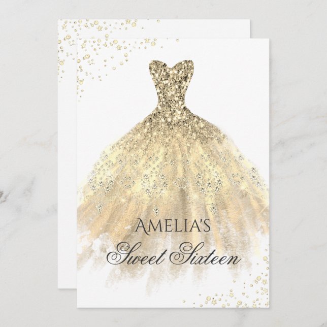 Gold Dress Sparkle Sweet 16 Birthday Party Invitation (Front/Back)