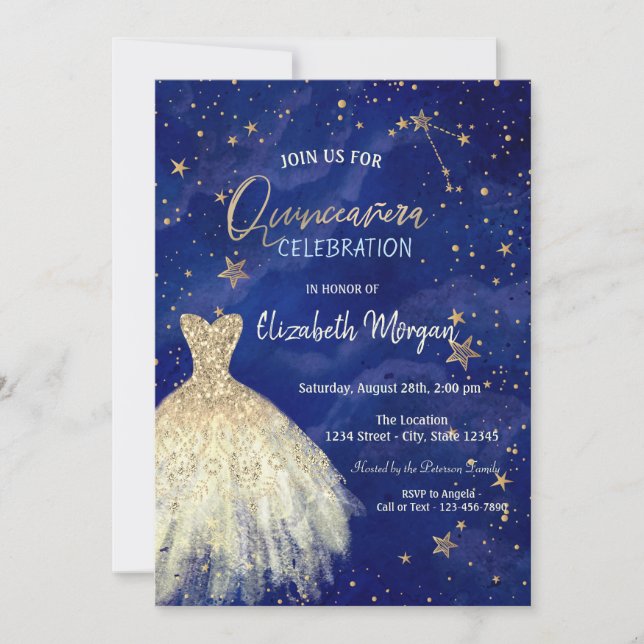 Gold Dress Stars Galaxy Quinceañera Invitation (Front)