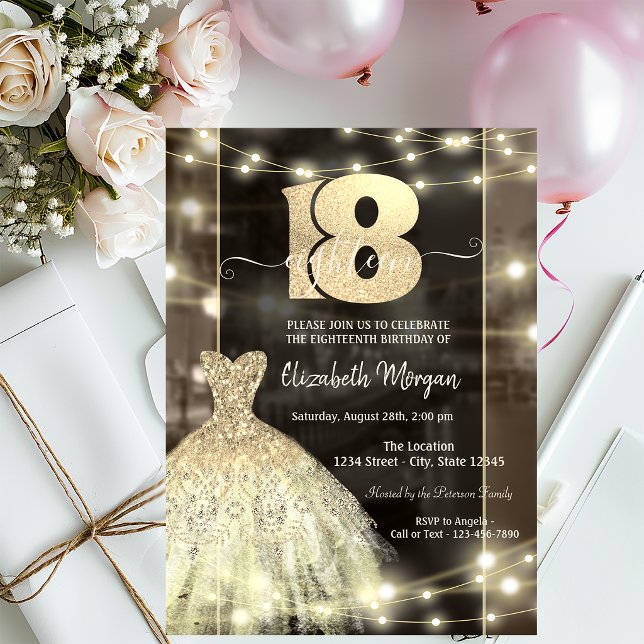 Gold Dress String Lights 18th Birthday  Invitation (Creator Uploaded)