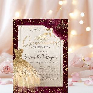 Gold Dress Tiara,Burgundy Flowers Quinceañera Invitation